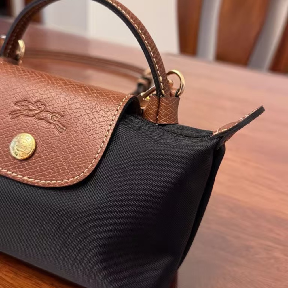 Longchamp Black Mini Top-Handle Crossbody with Brown Trim - Picture 3 of 8